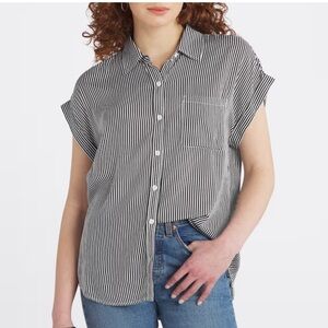 Cosmic Blue Love Navy and White Striped Button Down Short Sleeve Blouse